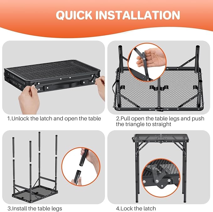 FUNYKICH Folding Grill Table for Outside, 3 Height Adjustable Portable Camping Tables, Lightweight Metal Aluminum Outdoor Table with Portable Handle for Camping, Picnic, BBQ, 23''x16'', Black