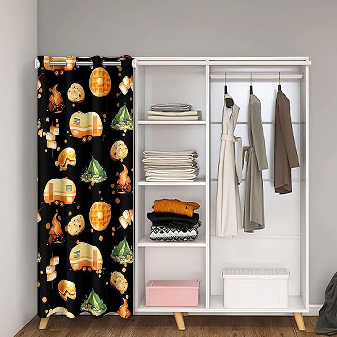 Cartoon Camper Kids Door Curtain,Tent Bonfire Campfire Rustic Farmhouse Blackout Curtain,Picnic RV Nature Camping Bedroom Doorway Living Room Decor,Black Privacy Door Drape 1 Panel,34" W X 80" L