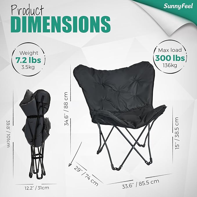 SunnyFeel Oversized XL Padded Camping Chair, Outdoor Butterfly Chair, Portable, Folding, Large Camp Lounge Chairs, Padded Living Room Indoor Chairs Lawn Chairs for Beach,Tailgating,Sport Events,Picnic