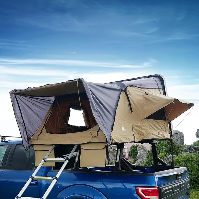 WOLFSTORM Rooftop Tent,Pickup Truck-Tent,Fit for Universal Hard Shell Roof Top,Outdoor Camping Rooftop Waterproof Tent with Ladder and Sunroof Off-Road for 2-3 Adults (Khaki)