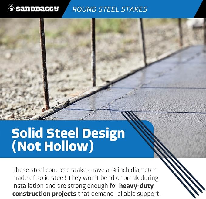 Sandbaggy Round Steel Concrete Form Stakes with Nail Holes - Rust Resistant Coating - Removable, Reusable (200, 3/4 in X 48 in)