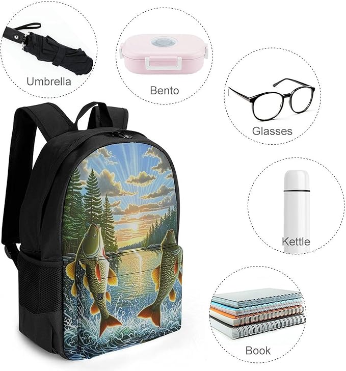 Supdreamc Rucksack Polyester Anti-Theft Multipurpose Two Fish Jumping Out Of Water Art Bookbag Big Capacity Travel and Sport Backpack Rucksack With Side Pockets