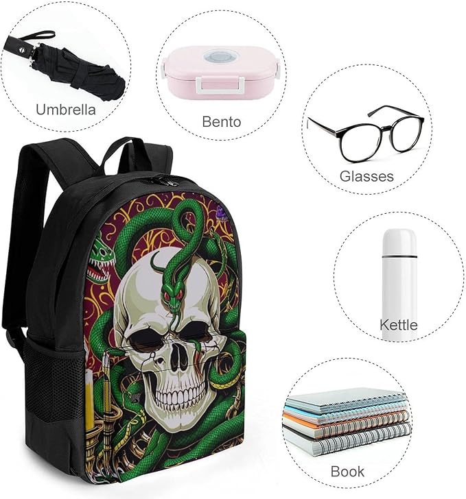 Supdreamc Lightweight Backpack for Gym Travel Bicycle, Big Capacity Multipurpose Anti-Theft Carry On Bag, Medusa Skull Green Snake Art Travel Hiking Bag Day Pack