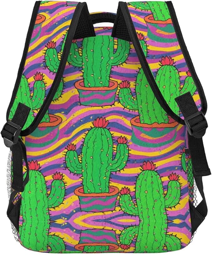 Men Women Polyester Psychedelic Cactus Art Backpack Large Capacity Bookbag With Smooth Zippers for Climbing Picnic Bicycle