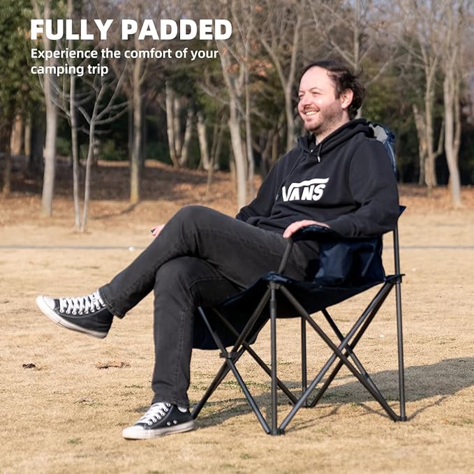 Oversized Camping Chair Heavy Duty 500LBS - 2 PCS Folding Outdoor Chair with Cooler Bag, Storage Pockets, Portable Collapsible Lawn Chairs for Adults (Blue & Gray)