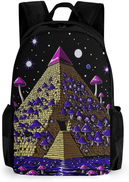 Men Women Lightweight Trippy Magic Pyramid Mushrooms Universe Art Casual Daypack Big Capacity Bookbag With Padded Straps for Gym Travel Walking Cycling