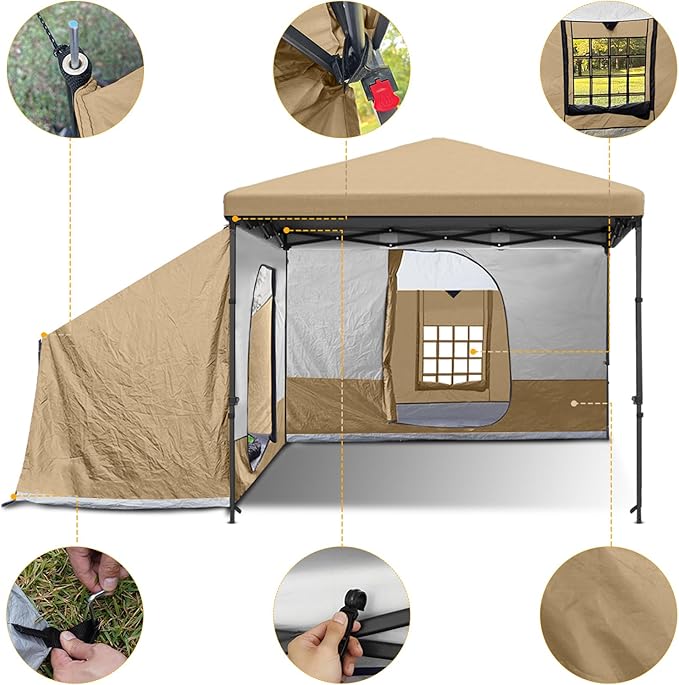 KAMPKEEPER Side Tent,Camping Tent for 10' x 10' Pop Up Canopy, Easy Set Up Gazebo,Compatible with 10' Wide Canopy Tents (Khaki)