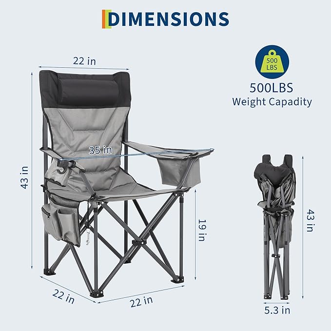 Oversized Padded Camping Chairs, Hevy Duty Folding Camp Chair - 500Lbs Support for Adults - Comfortable Camping Chair with High Back & Pillow, 2 Pack