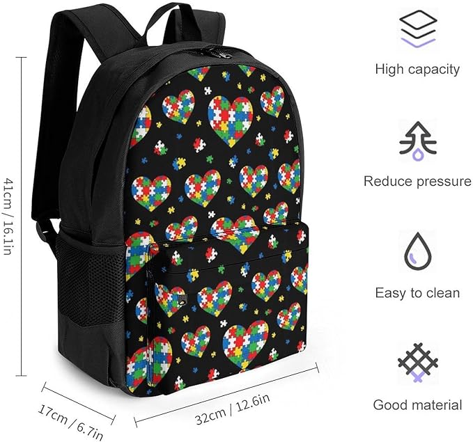 Supdreamc Polyester Daypack Backpack for Sports Travel Running, Big Capacity Anti-Theft Multipurpose Carry On Bag, Puzzle Pieces Heart Colorful Autism Awareness Laptop Book Bag Rucksack