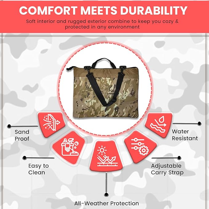 Outdoor Packable Camo Blanket - 1000D Polyester Interior & RIPSTOP Fabric Exterior Blanket with Adjustable & Removable Carrying Strap - Front, Back Storage Pocket - Ideal for Camping & Outdoor Use