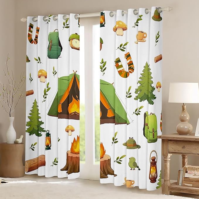 Feelyou Camping Camper Blackout Curtains Happy Camping Darkening Drapes for Bedroom Living Room Decor Camper Thermal Insulated Shades Window Treatments, 2 Panels 52 x 63 Inch