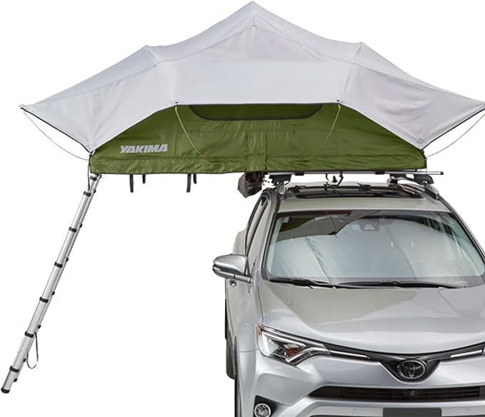 Yakima SkyRise Medium Nylon Rooftop Camping Tent for 3 People with Ladder, Mesh Skylights, and 2.5 Inch Foam Mattress with Removable Cover, Green