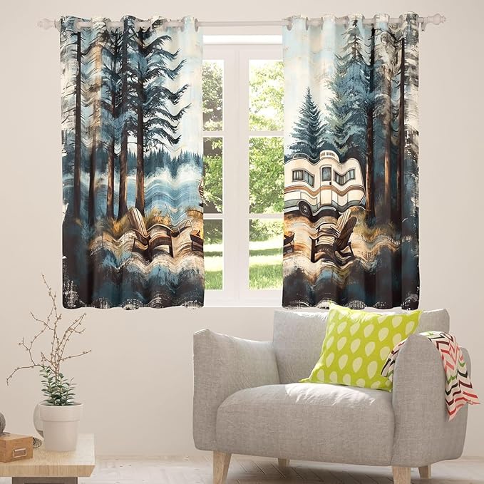 Manfei Camper Camping Window Drapes,Bonfire Campfire RV Trailer Adventure Blackout Curtains,Pine Tree Lake Fishing Rustic Farmhouse Boys Girls Room Decor,Black 2 Panels,42Wx63L inch