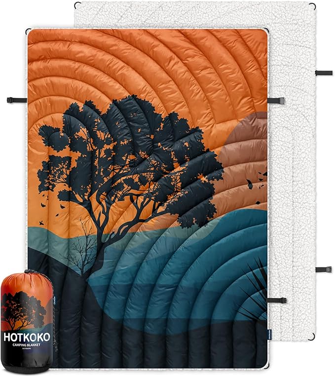 Outdoor Camping Blanket,Warm Thick Camp Blankets with Sherpa Lining Soft Fleece Camping Blanket Puffy Camping Quilt for Cold Weather Traveling, Stadium, Hiking, Picnics