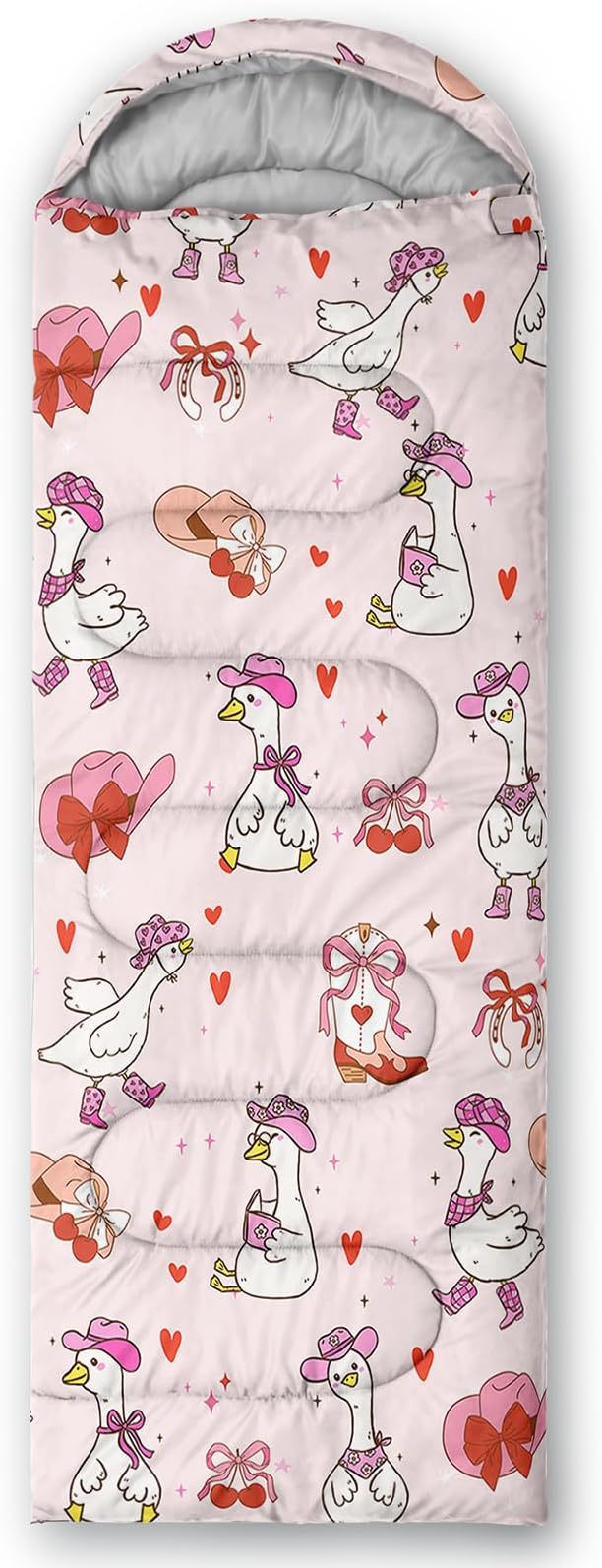 AILONEN Girls Pink Camping Sleeping Bags,Lightweight & Waterproof,3 Season Warm & Cool Weather,Cute Bow Duck Print Sleeping Bags for Kids,Girls,Adults Travelling,Outdoors