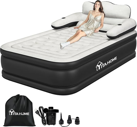 YITAHOME FullXL Size Air Mattress with Headboard and Pump, 18in Blow Up Mattress with Carry Bag, Repair Kit, and Nozzles for Home, Camping, and Travel, Black