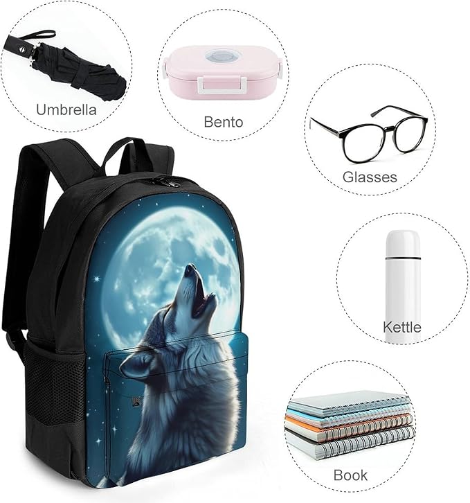 Men Women Lightweight Full Moon Wolf Backpack Large Capacity Bookbag With Smooth Zippers for Gym Business Running
