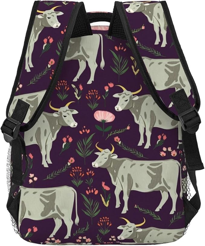 Men Women Polyester Brahman Cow Floral Backpack Large Capacity Bookbag With Smooth Zippers for Climbing Picnic Bicycle