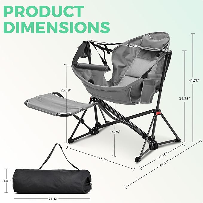 Ainfox Hammock Camping Chair with Footrest, Foldable Portable Rocking Chairs for Adults Outside Swinging Camp with Cup Holder Pillow for Outdoor Patio Poolside (Grey)