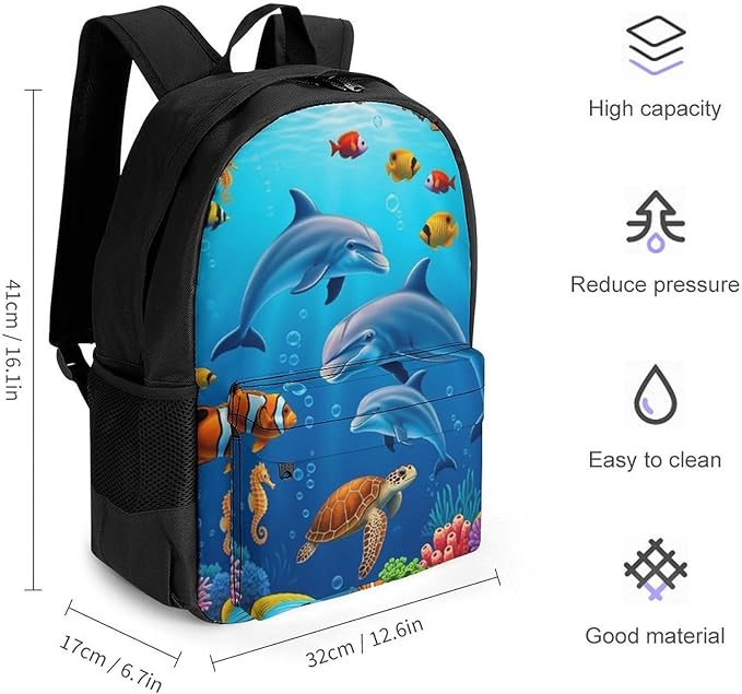 Lightweight Daypack for Camping Business Walking Cycling, Large Capacity Anti-Theft Multipurpose Bookbag, Dolphins Sea Underwater Beautiful World Gym Outdoor Hiking Backpack