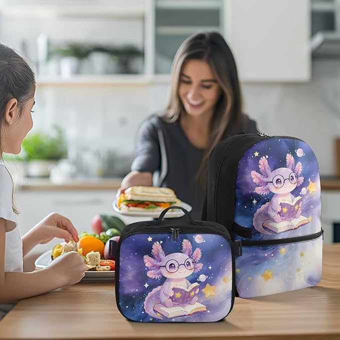 HUGS IDEA Reading Axolotl Girls Backpack and Lunch Bag School Bookbag for Elementary Pink School Bag Set for Girls 6-8 Lightweight Book Bag with Lunchbox Children Backpacks