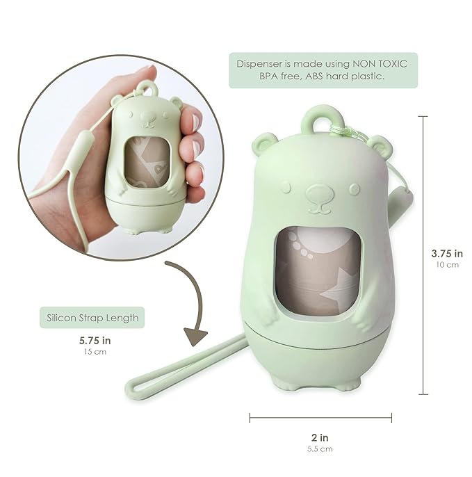 Teddy Bear Diaper Bag Dispenser | Diaper Trash Bags on the Go Dispenser w/Silicon Strap | 15 UNSCENTED Baby Poop Bags per Roll | Dirty Diaper Bags Disposable | Diaper Waste Bags (SAGE GREEN)