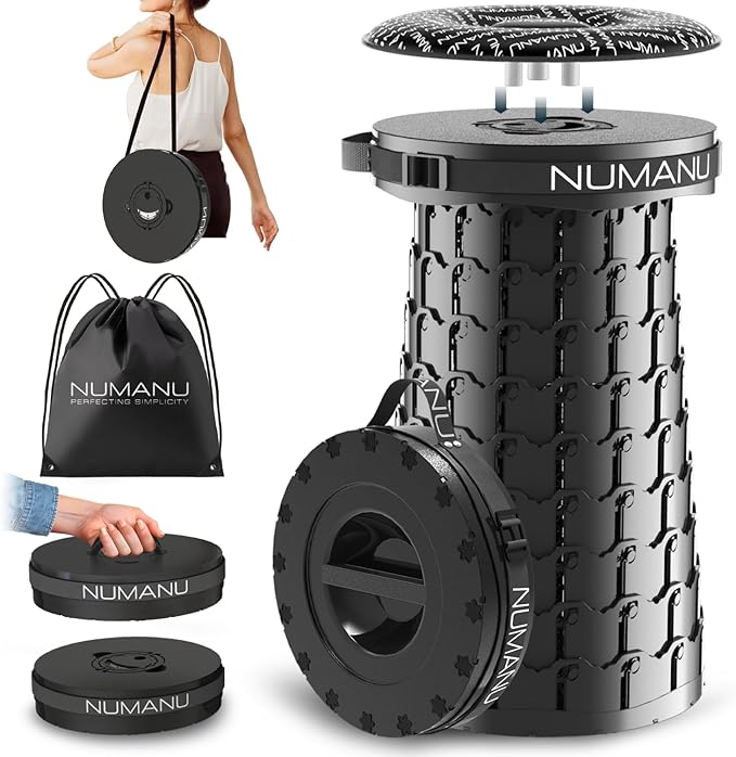 NUMANU 19.7" 2025 Upgraded XXL Collapsible Stool, Cushion & Carry Bag, 1000lbs Capacity 2.7-19.7"H, Heavy Duty Portable Telescopic Seat, Retractable Folding Chair or Travel Footrest, Gift for Outdoors