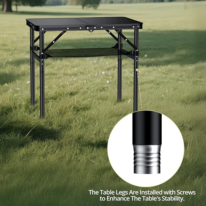 2ft Folding Camping Table Max 29.5" with Storage Net, 3 Adjustable Height Aluminum Small Folding Table, Portable Handle, Lightweight, for Travel Outdoor Beach Picnic Camp, 23.2" x 16", Black