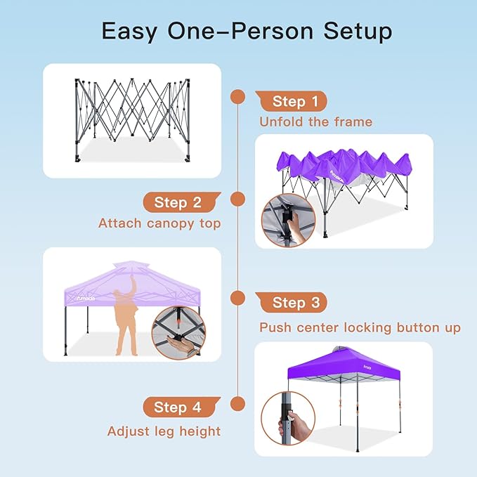 Amada 10x10 Pop Up Canopy - Center Lock One Push Instant Setup Gazebo Outdoor Canopy Beach Tent with STO-N-Go Bag 8 Stakes & 4 Sand Bags, 3-Height Adjustable Shade Shelter (10x10ft, Purple)