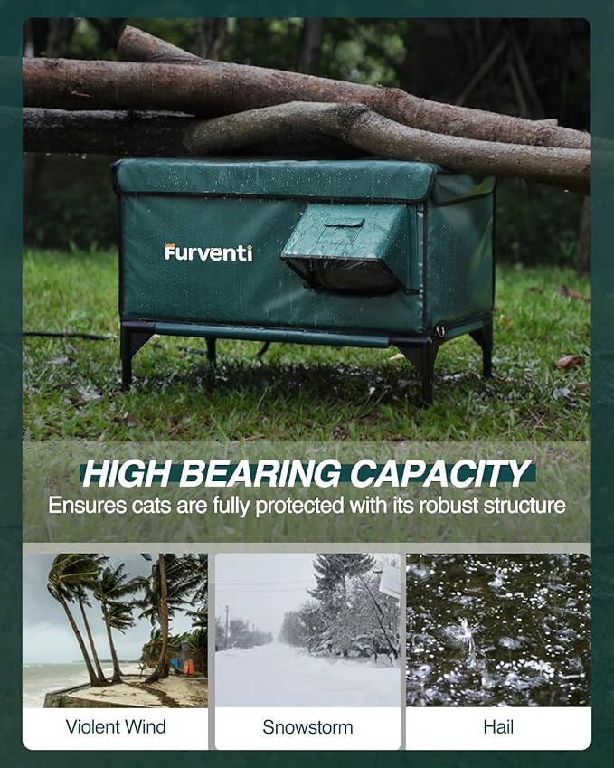 Outdoor Heated Cat House in Winter,Extremely Insulated & Weatherproof,Elevated Feral Cat Shelter with Waterproof Eaves & Escape Door for Outside Stray Barn Cat (Green,L)