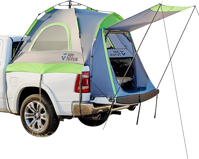 JOYTUTUS Semi-Automatic Truck Bed Tent with Awning, Easy Set-up with Pre-Assembled Design, 2 Person Portable Truck Camping Tent with Rainfly for 5.0FT-6.5FT Pickup Truck Bed, Waterproof PU2000mm