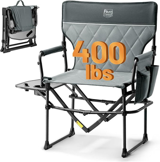 Timber Ridge Aluminum Camping Directors Chair with Side Table Pocket, Portable Folding Chair, Heavy Duty Lawn Chair for Fishing Trip Picnic Concert Outdoor 400lbs, Grey