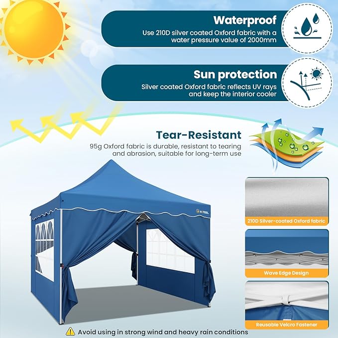 HOTEEL Canopy Tent 10x10 Pop Up Canopy with 4 Removable Sidewalls, Sandbags, Stakes & Ropes, UPF 50+ Easy Setup Canopy Tent Waterproof Outdoor Instant Portable Shelter for Party, Events, Vendor, Blue