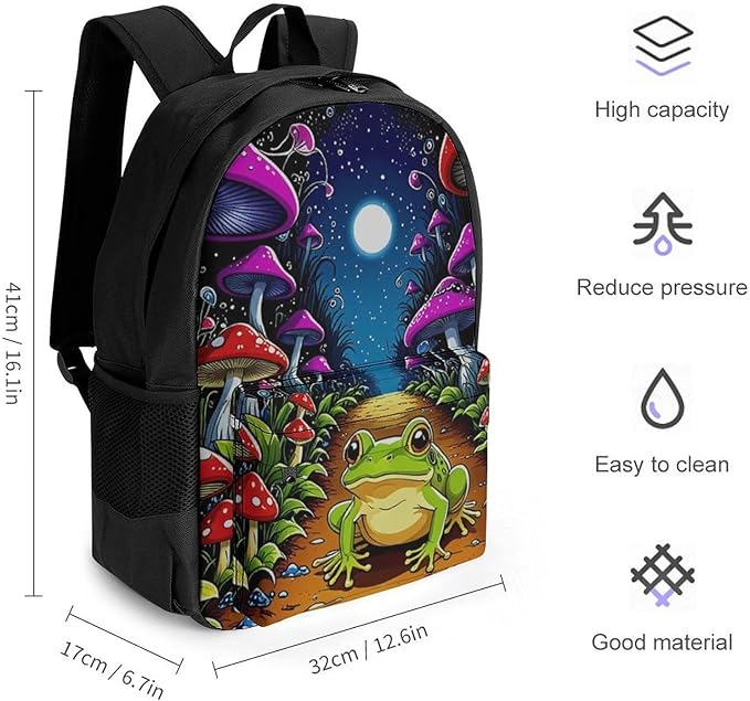 Supdreamc Casual Daypack Multipurpose Anti-Theft Large Capacity Carry On Bag, Psychedelic Magic Mushrooms Frog Trippy Art Casual Daypack Climbing Shoulder Bag With Padded Straps