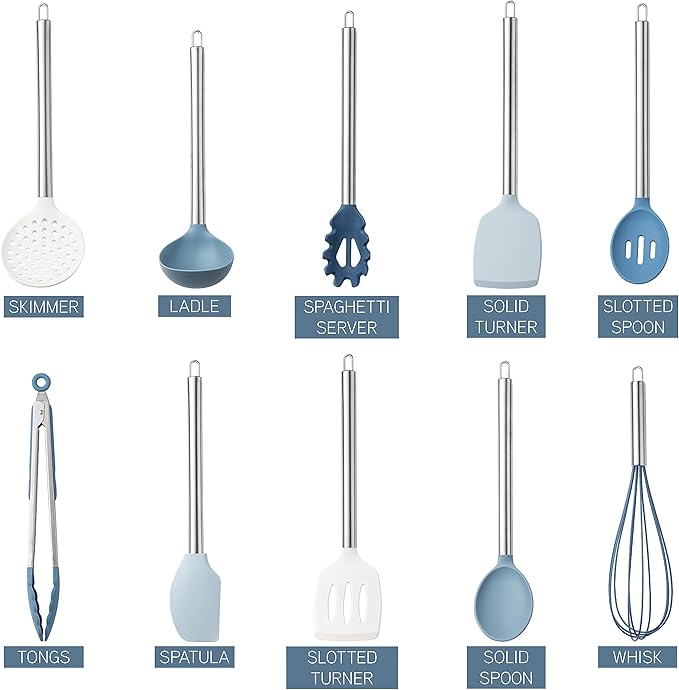COOK WITH COLOR Silicone Cooking Utensils, Kitchen Utensil Set, Easy to Clean Silicone Kitchen Utensils, Cooking Utensils for Nonstick Cookware, Kitchen Gadgets Set, 10 Pieces, Blue and White