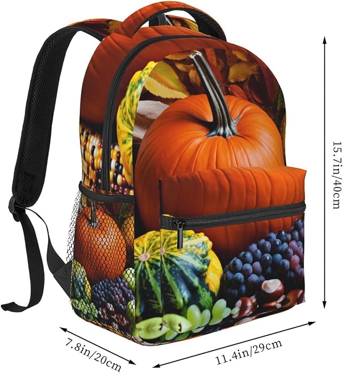 Shoulder Book Bags Anti-Theft Multipurpose Big Capacity Bookbag, Thanks Giving Pumpkin Corn Fruit Art Travel Hiking Backpack With Smooth Zippers