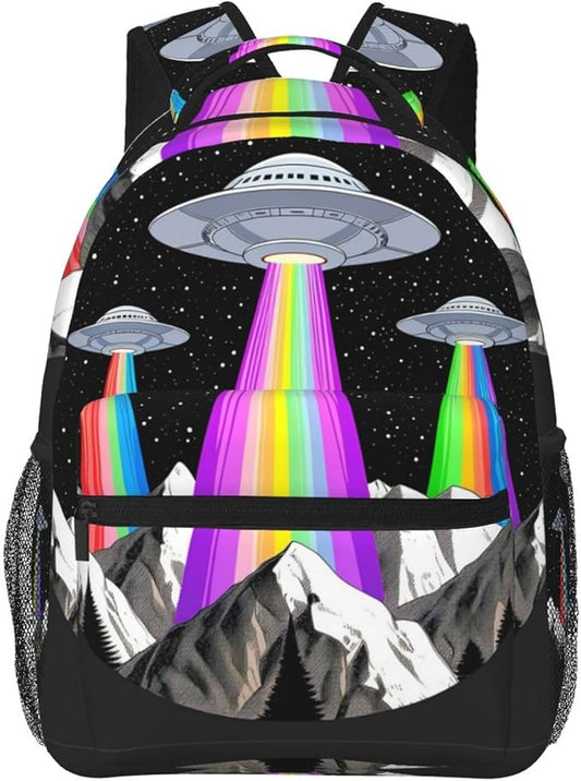 Men Women Lightweight Rainbow Ufo Gay Pride Art Daypack Bookbag Big Capacity Carry On Bag With Side Pockets for Camping Travel Bicycle