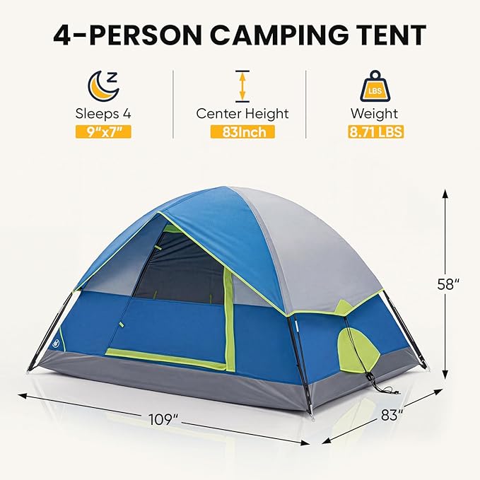 NEWBULIG 2-4 Person Camping Tent, Lightweight 5 Min Easy Setup, Waterproof Windproof Dome Tent with Rainfly for Outdoor, Hiking, Backpacking, Beach