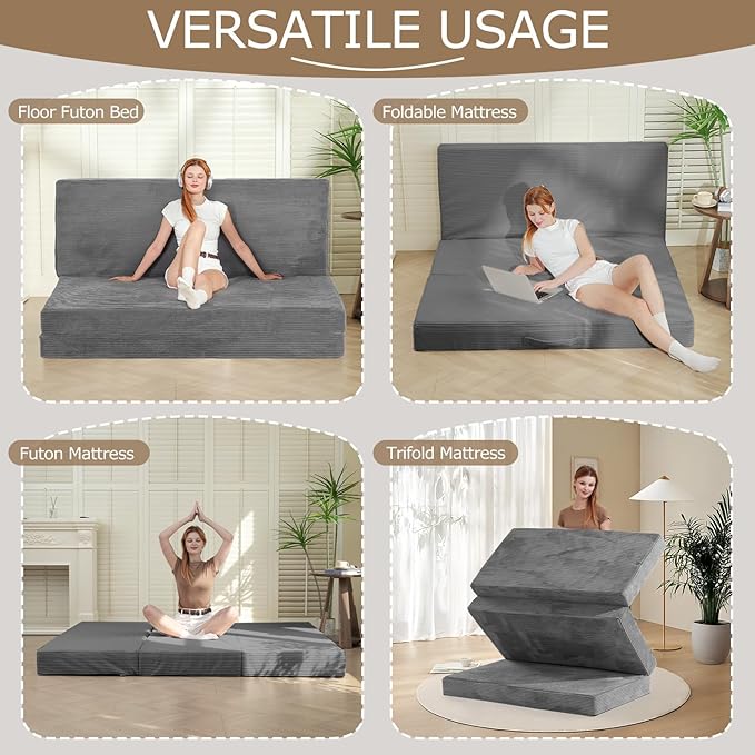 6-Inch Tri-Fold Mattress Full Size - Foldable Futon Sofa Bed with Removable Washable Cover, Folding Memory Foam Futon Mattress | Non-Slip Bottom & Carry Handles for Guest, Camping, Dorm