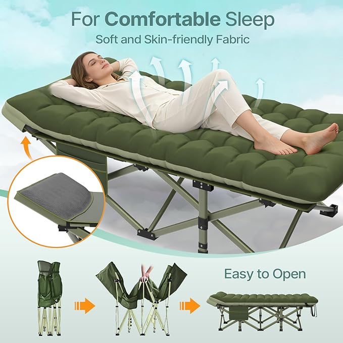 Suteck 32In XXL Folding Camping Cot, 900LBS Heavy Duty Sleeping Cot with Pillow Mattress, 1200D Double-Layer Oxford Portable Cot for Adults with Carry Bag for Home Office Nap Beach Travel