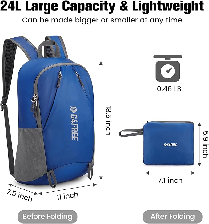 G4Free 24L Packable Hiking Backpack Lightweight Foldable Small Sport Travel Daypack Water Resistant for Women Men（Blue）