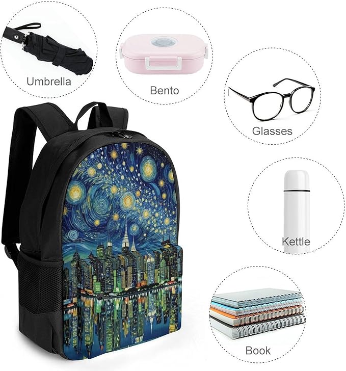Supdreamc Men Women Lightweight Chicago City Skyline Night View Starry Sky Painting Backpack Large Capacity Carry On Bag With Padded Straps for Sports Work Walking Cycling