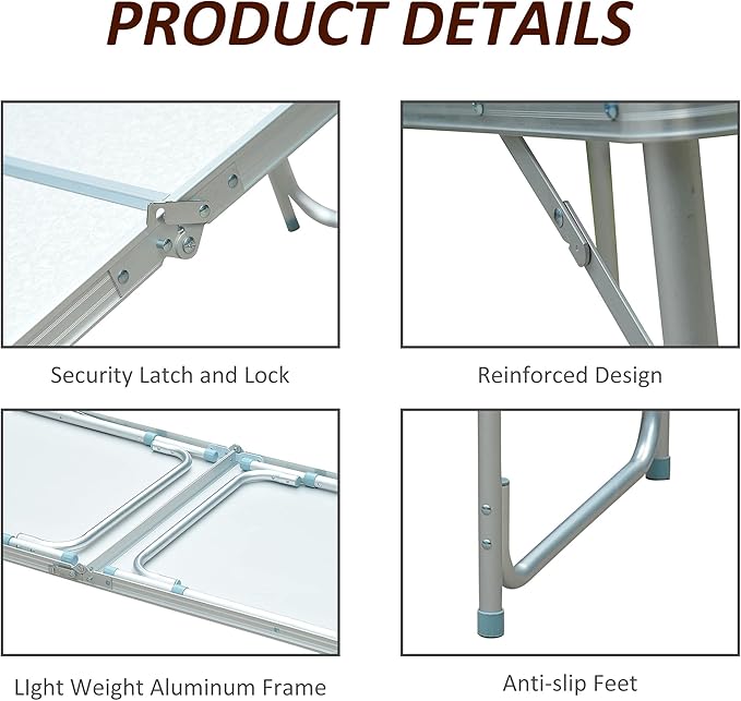 Outsunny 47" Folding Camping Table with Height Adjustability, Lightweight Portable Table with Carry Handle, Outdoor Folding Table Camping Accessories
