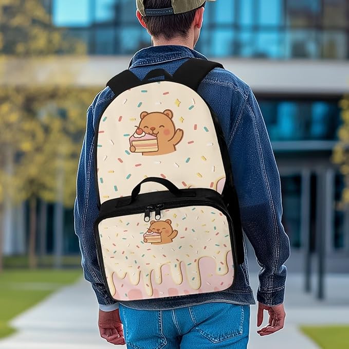 HUGS IDEA Cake Bear Backpack for Girls for School Cute Bookbag for Girls 8-10 Kids Backpack with Lunch Bag Cute School Bag Set for Elementary Students Casual Daypack