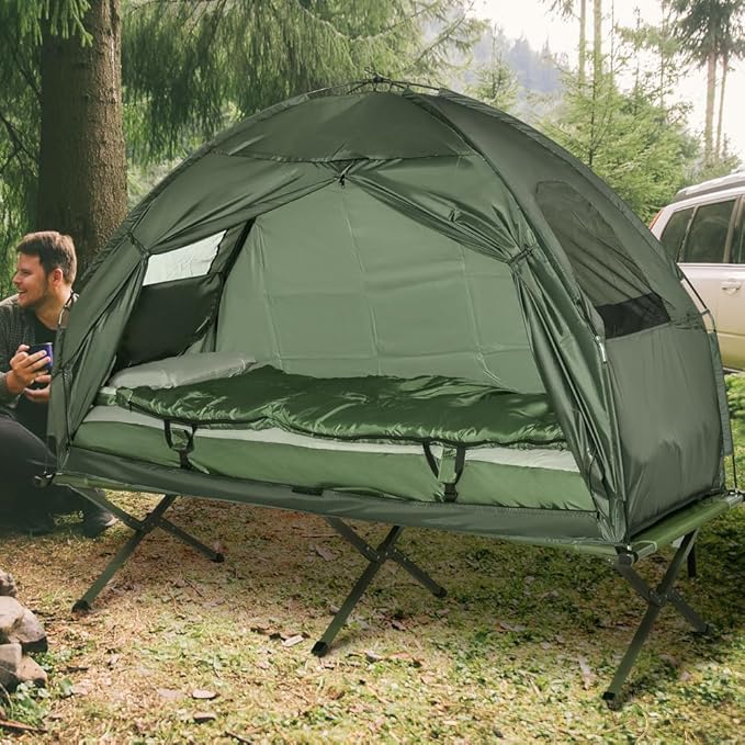Portable Camping Cot for Adults,Folding Cot for Sleeping with Mattress, Elevated Tent and Sleeping Bag, Multifunctional Outdoor Tent Cot Bed 1 Person
