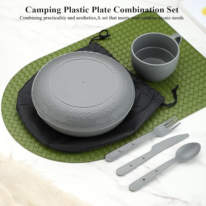 Berglander Camping Mess Kit with Bowl, Plate, Cup, Spoon, Fork, Knife and Carry Bag, Plastic Camping Accessories Essentials Gear for Travel, Camping, Picnic, Outdoor, Easy to Carry & Store