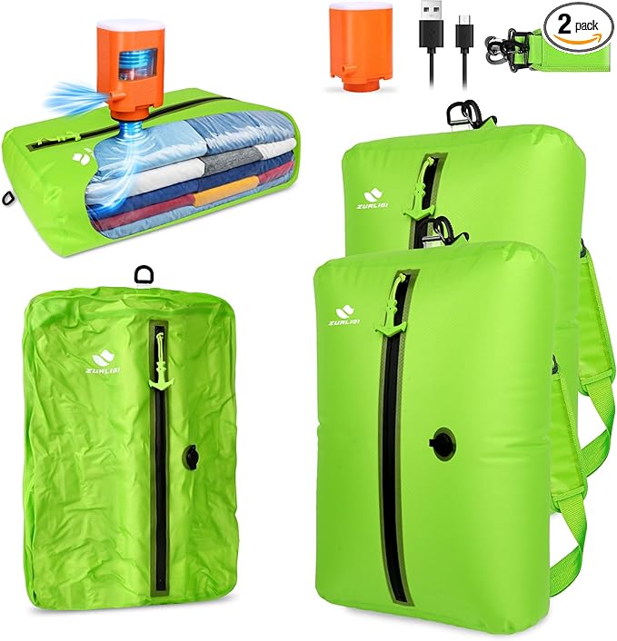 Zurligi Travel Vacuum Bags with Shoulder Strap & Mini Pump – IPX8 Waterproof Vacuum Seal Reusable 39L Carry-On Compression Bags for Clothes, Suitcase & Luggage(2-Pack, Green)