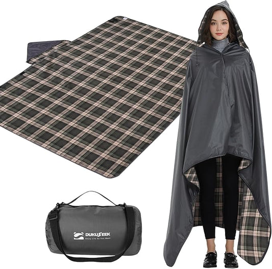 DUKUSEEK Stadium Blanket for Outdoor Sports, Waterproof Hooded Blankets, Windproof Warm Fleece Blankets for Camping Stadium, Beach, Picnic, Concerts, Car, Dog, 79x58