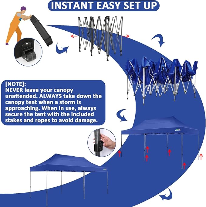 COBIZI 10x20 Pop Up Canopy Without Sidewall,Heavy Duty Canopy UPF 50+ All Season Wind Waterproof Commercial Outdoor Wedding Party Tents for Parties Canopy Gazebo with Roller Bag(10 x 20 ft Dark Blue)