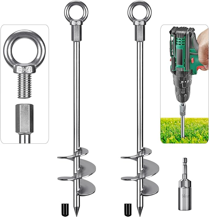 18'' Ground Anchors Screw in Heavy Duty 12mm Solid Steel, 3" Spiral Blade with Smooth Edges, Fully Welded Design for Mobile Home, Shed, Trampoline, Swing Set, Carport, Earth, Tent, 2Pack